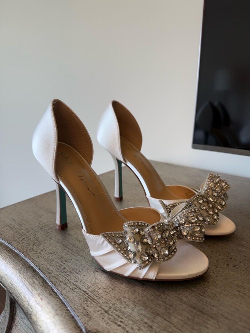 Betsey Johnson Ivory Satin Crystal Bow Pumps